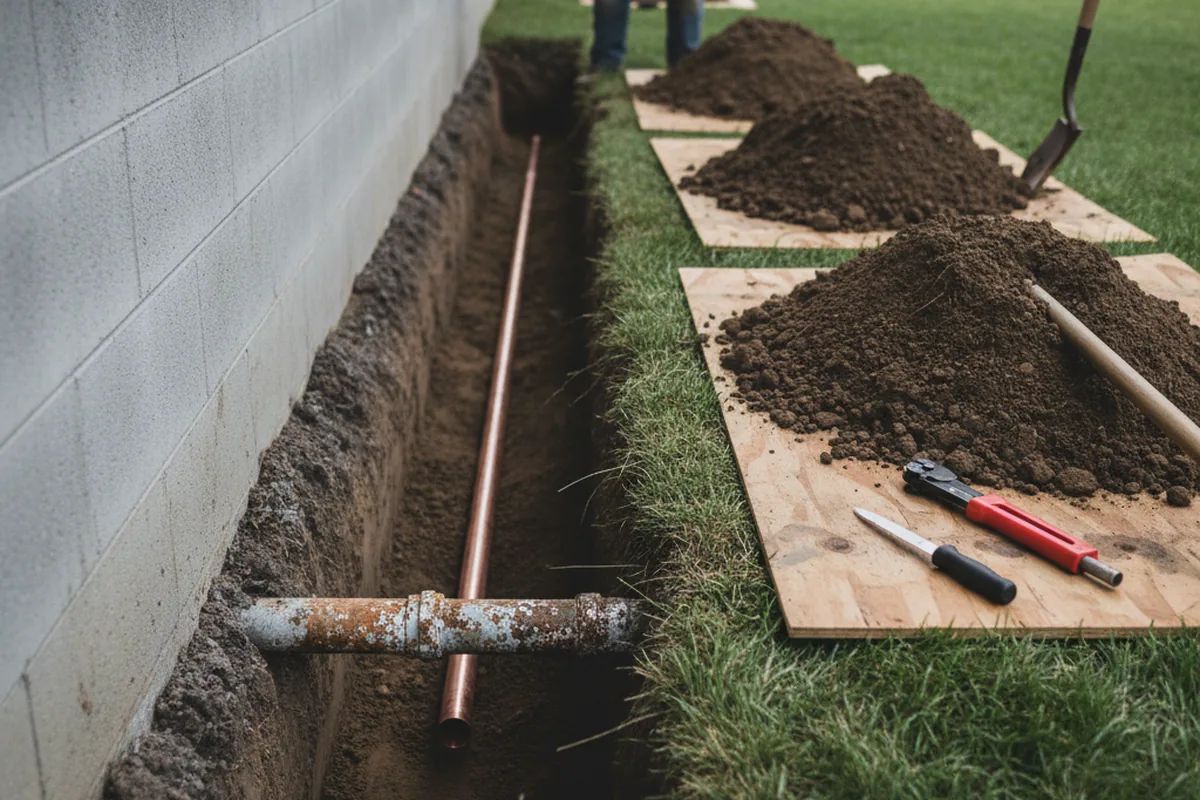 Excavated water line trench during Water Heater Repair in Commodore